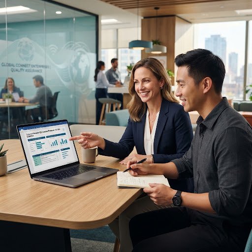 Quality Assurance Lead and Team Member analyzing performance dashboard at workstation